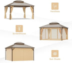 10x14 ft Hardtop Gazebo Outdoor Aluminum Patio Gazebo Double Roof Galvanized Steel Canopy with Netting and Curtains for Garden, Backyard, Deck and Lawns.