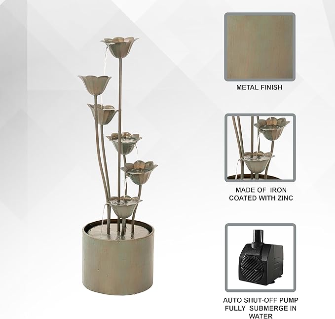 XBrand Metal Sculptural Multi-Tiered Flower Water Fountain, Bronze, 46" Tall