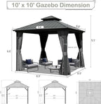 Domi Hardtop Gazebo 10x10FT, Aluminum Outdoor Gazebo with Galvanized Steel Double Roof Canopy, Curtains and Netting Included, Metal Gazebo Permanent Pavilion for Patio, Lawn, Garden, Gray