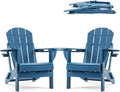 Folding Adirondack Chair, HDPE Outdoor Texture Lawn Chair with Reclining Back, Cup and Phone Holder - Comfortable Firepit Chair Weather Resistant for Patio or Backyard (Blue, Set of 2)