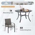 7 Piece Outdoor Dining Set for 6, 54" Round Metal Table with Umbrella Hole, 6 Brown Dining Chairs, Patio Table and Chairs Set for Backyard Lawn