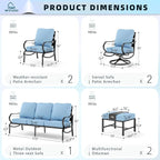 MFSTUDIO 7 Pieces Metal Patio Furniture Sets, 2 Swivel Chairs, 3-Seat Deep Seating Sofa, 2 Single Couch and 2 Ottoman, All Weather 9 Seats Outdoor Conversation Set for Garden Backyard, Blue Cushion