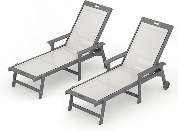 LUE BONA Chaise Lounge Chair Outdoor Set of 2, HDPS and HDPE Wicker Chaise Lounger with 5 Positions, Pool Lounge Chairs with Wheels and Adjustable Backrest for Patio, Poolside, Deck, Backyard