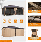 MELLCOM 14' x 20' Hardtop Gazebo,Galvanized Steel Metal Double Roof with Curtain and Netting,Brown Permanent Pavilion Gazebos with Aluminum Frame for Patios,Gardens,Lawns