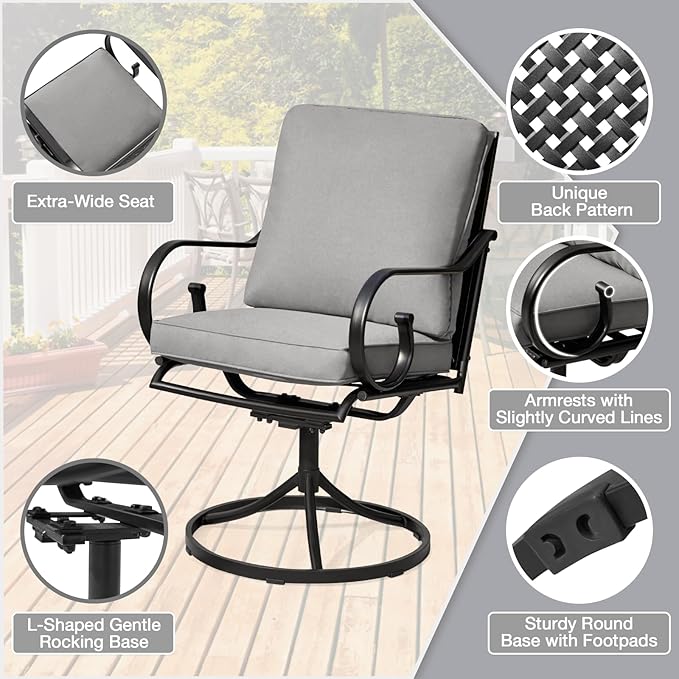 MELLCOM Patio Swivel Chair Set of 2, Heavy Duty Outdoor Dining Chairs with Thickened Cushions, Metal Patio Chairs Gentle Rocker for Outside, Garden Lawn & Porch, Backyard, Grey