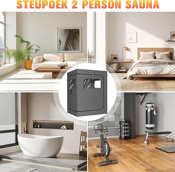 Upgraded 2 Person Portable Sauna, Portable Steam Sauna for Home, Personal Sauna Box Full Body with 1000W 2.6L Steam Generator, 99 Minute Timer, 2 Folding Chairs, Remote Control Included(Grey)