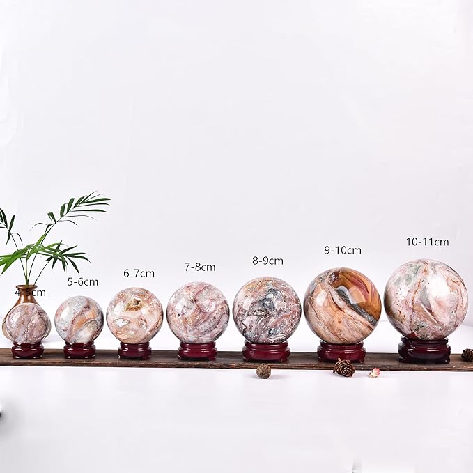 JIC Gem Natural Striped Agate Crystal Sphere Healing Crystal Decorative Ball with Wooden Stand Meditation Balls for Witchcraft Reiki Gift 50-60mm