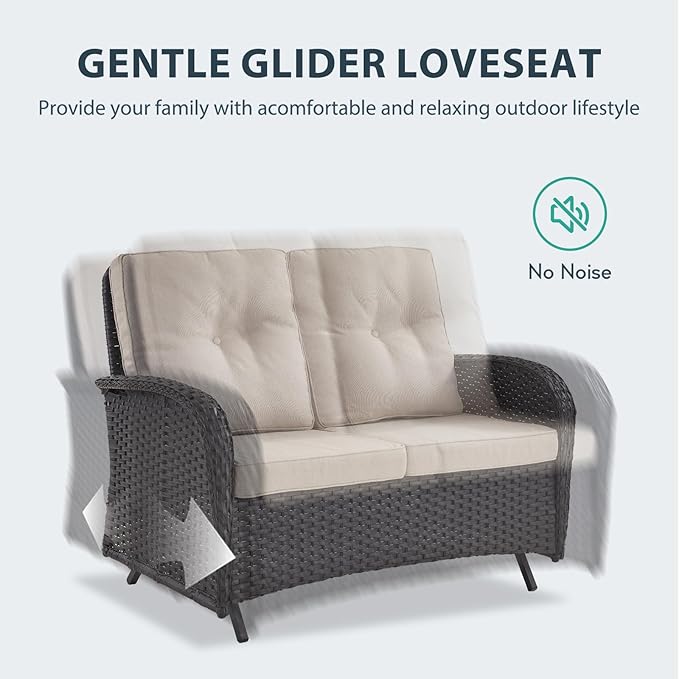 5 Piece Patio Furniture Set - Wicker Patio Conversation Set with Swivel Glider, Glider Loveseat, Tempered Glass Side Table and Coffee Table for Deck Backyard - Black Wicker Beige Cushion