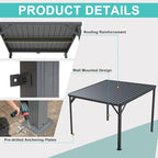Domi 10’x12’ Lean-to Gazebo, Hardtop Wall-Mounted Gazebo Pergola with Sloping Galvanized Steel Roof and Upgraded Drainage System, Outdoor Permanent Metal Shelters for Patio Backyard Deck, Grey