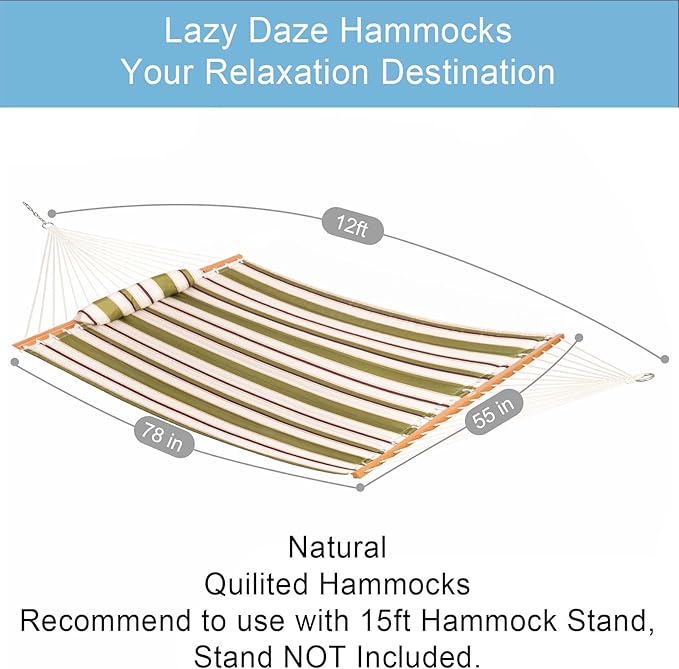 Lazy Daze Hammocks 12FT Quilted Fabric Hammock with Pillow, Double 2 Person Hammock with Spreader Bar for Outdoor Outside Patio Garden Yard Pool Beach QFH014