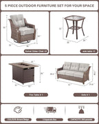Belord Wicker Patio Furniture Set with 41” Fire Pit Table - Swivel Rocker Glider Outdoor Chairs with Sofa and Glass Top Side Table, All-Weather Removable 6" Beige Seat Cushion for Warm Patio Evenings