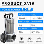 LANCHEZ 1.6HP 5500GPH Stainless Steel Sump Pump, High Flow Submersible Water Pump with Float Switch, Automatic Transfer Water Pump for Pool Basement Flooded Pit Sewage Sink Tub