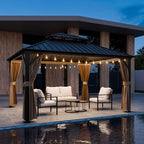 COOS BAY 12x14 Hardtop Gazebo with Aluminum Frame, Galvanized Steel Double Roof Outdoor Pavilion with Netting and Curtains, Dark Brown/Tan