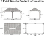 PURPLE LEAF 13' X 20' Outdoor Hardtop Gazebo Patio Wide Aluminum Frame Metal Double Roof with Heavy Duty Netting and Curtains for Permanent Hard Top Pavilion Screen, Khaki