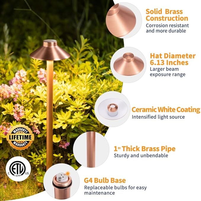 Gardenreet Brass 12V Path Lights Outdoor, IP65 Waterproof Low Voltage Landscape Pathway Lights(Hat) Copper for Walkway Driveway Garden Yard with 3W LED G4 Bulb 2700K Warm White(12 Pack)