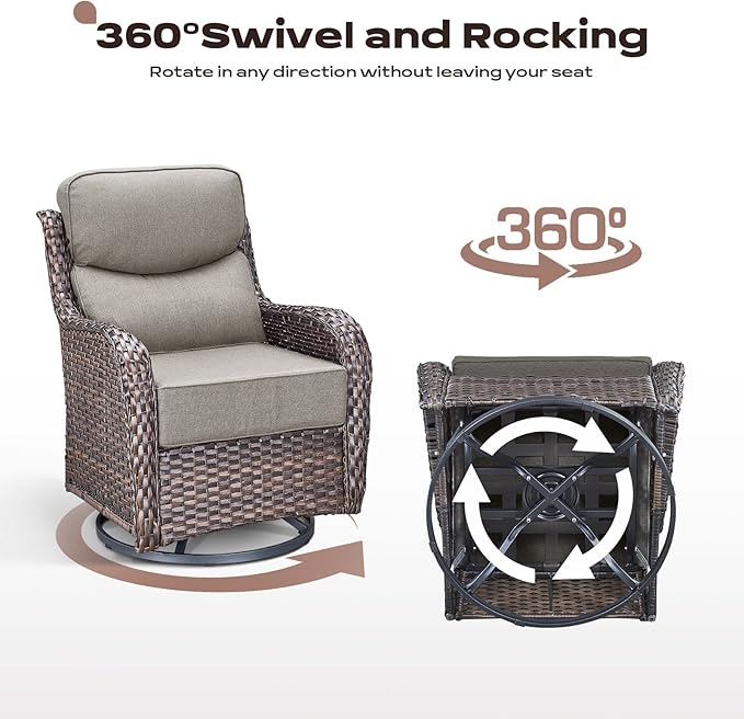 Rilyson Wicker Outdoor Patio Furniture Set - 4 Piece Patio Conversation Set with Swivel Rocker Chairs and Ottomans, 6 inch Cushions, High Back, Deep Seating, for Porch Deck Garden Brown/Beige