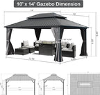 Domi Hardtop Gazebo 10x14FT, Aluminum Outdoor Gazebo with Galvanized Steel Double Roof Canopy, Curtains and Netting Included, Metal Gazebo Permanent Pavilion for Patio, Lawn, Garden, Gray