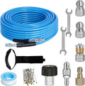50 FT Sewer Jetter Kit for Pressure Washer, 5800PSI Water Jet Drain Cleaner Hose, 1/4 Inch NPT Corner with 4 Sewer Jetting Nozzles, Pearl Corsage Pin, Waterproof Tape, Handle Strap&2 Spanner (Blue)