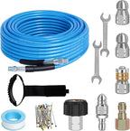 50 FT Sewer Jetter Kit for Pressure Washer, 5800PSI Water Jet Drain Cleaner Hose, 1/4 Inch NPT Corner with 4 Sewer Jetting Nozzles, Pearl Corsage Pin, Waterproof Tape, Handle Strap&2 Spanner (Blue)