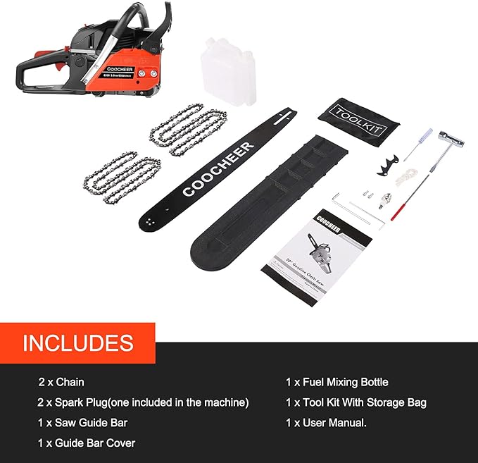 COOCHEER 62cc Gas Chainsaw 20 Inch Gas Powered Chainsaws with Non-Slip Handle, 2-Cycle Engine Handheld Gasoline Chain Saw for Wood Cutting, Tree Trimming, 2 Chains Included