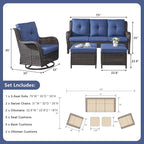 Rilyson 5 Piece Outdoor Patio Furniture Set - Rattan Wicker Patio Conversation Sets with 2 Swivel Rocker Chairs,2 Ottomans and 1 Sofa for Outside Porch Deck Backyard(Brown/Blue)