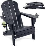 Folding Adirondack Chair, HDPE Outdoor Texture Lawn Chair with Reclining Back, Cup and Phone Holder - Comfortable Firepit Chair Weather Resistant for Patio or Backyard (Dark Black, Set of 1)