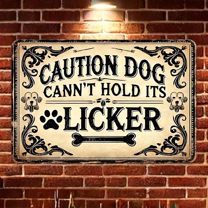 Caution Dog Can't Hold Its Licker" Vintage Tin Sign - 12x8 inches, Iron Material, Suitable for Garage, Restaurant, Cafe, Bar, Living Room Decoration - UV Resistant and Fade Resistant