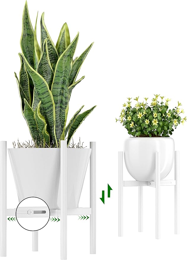 EKNITEY Adjustable Plant Pot Stand: Indoor Outdoor Modern Flower Holder Metal Plant Rack Organizer Planter Stand for Garden Patio Corner Bathroom Living Room Balcony Home Office (White)