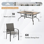 7 Pcs Patio Dining Set for 6, Metal Rectangular Dining Table (PVC Table Top) with Umbrella Hole and 6 Chairs, Outdoor Dining Set for Lawn Garden Deck, Brown