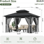 Aoxun 12'x10' Hardtop Gazebo, Aluminum Frame Permanent Pavilion with Curtains and Netting, Outdoor Galvanized Double Roof Canopy, Designed for Garden, Lawns, Patio