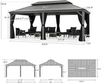 PURPLE LEAF 12' x 20' Permanent Hardtop Gazebo with Galvanized Steel Double Roof and Aluminum Frames Outdoor Large Pavilion Gazebo for Patio Deck Garden, Netting and Curtains Included, Light Grey