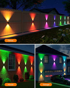 8 Pack Color Changing Solar Powered Fence Lights Outdoor Waterproof Wall Mount LED RGB Ambiance Lamps for Outside Patio, Deck, House, Pool Cage, Garden, Yard Decorative with 8 Colorful Lighting Modes