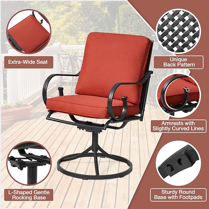 MELLCOM Patio Swivel Chair Set of 6, Heavy Duty Outdoor Dining Chairs with Thickened Cushions, Metal Patio Chairs Gentle Rocker for Outside, Garden Lawn & Porch, Backyard, Red