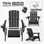 Folding Adirondack Chair Wood Texture 4 Pack, HDPE All-Weather Fire Pit Chairs, Plastic Adirondack Chairs with 2 Cup Holder, Outdoor Lawn Chair for Patio Garden (Black)