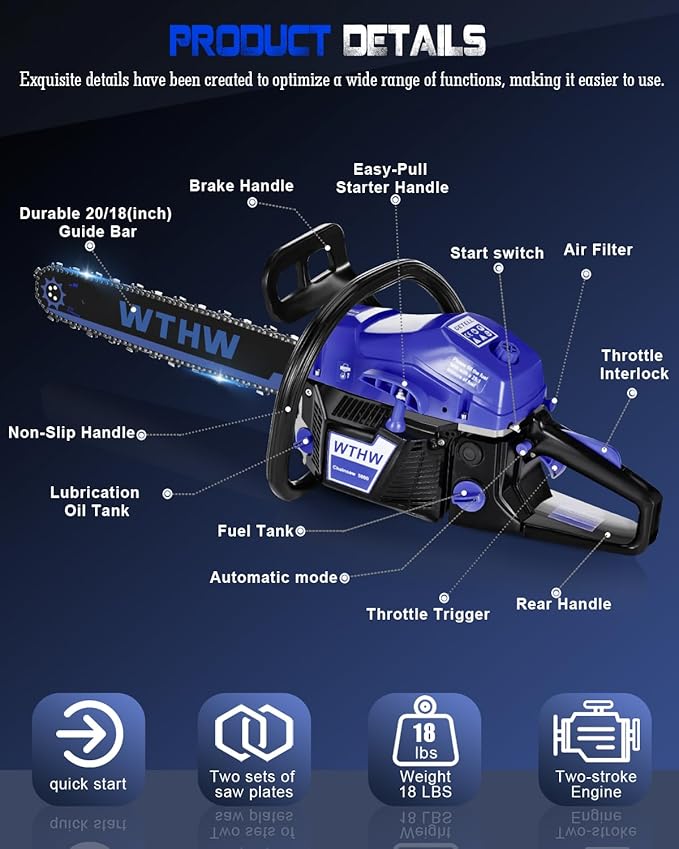 58 cc Gas Powered Chainsaw, 20 in & 18 in Quick-Switch Bars – 550 ml Fuel 260 ml Oil Tanks, Automatic Chain Oiler, Centrifugal Air Filter, Quick Start, Inertial Chain Brake (WH5808)