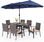 PHI VILLA 7 Pieces Patio Dining Set with Umbrella for 6, 60” Large Metal Iron Dining Table & Cushioned Rattan Wicker Chairs & 13ft Navy Blue Umbrella for Patio, Deck, Yard, Porch