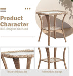 Outdoor Side Tables for Patio, Wicker/Rattan End Tables, Outdoor Wicker Side Table, Yellow Rattan Glass Top Patio Side Table