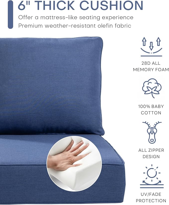 Luxury 22x24/22x25 6-Inch Patio Sofa Cushions Set of 3 - Memory Foam Deep Seat Water-Resistant Patio Cushion for Dining Rocking Swivel Chairs Loveseat 3-Seater Sectional Couch - Navy Blue