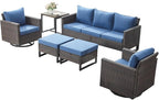 Rilyson Wicker Outdoor Patio Furniture Set - 6 Piece Patio Conversation Set with 2 Swivel Rocker Chairs,2 Rattan Ottoman,1 Couch and 1 Metal Side Table for Outside Porch Deck Backyard(Brown/Blue)