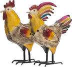 MODE HOME 2 Piece Metal Rooster Yard Decor Set, 12" Outdoor Chicken Statue for Garden, Farmhouse and Patio, Hand-Painted Metal Chicken Figurine, Rustic Chicken Yard Art and Outdoor Rooster Decor