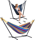 SUNCREAT 2-in-1 Convertible Backyard Fabric Hammock with Stand, Large Hammocks for Outside, Patent Pending, Purple Stripe