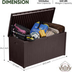 120 Gallon Outdoor Storage Box Large, Lockable Outside Containers Waterproof Patio Cushions Storage Deck Boxes, Plastic Garden Hose Boxes Resin Pool Storage Bins, Brown