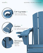 SERWALL Folding Adirondack Chair Set of 6, Adjustable Adirondack Chair with 3 Recline Positions, All Weather HDPE Outdoor Adirondack with Cup Holders, Blue