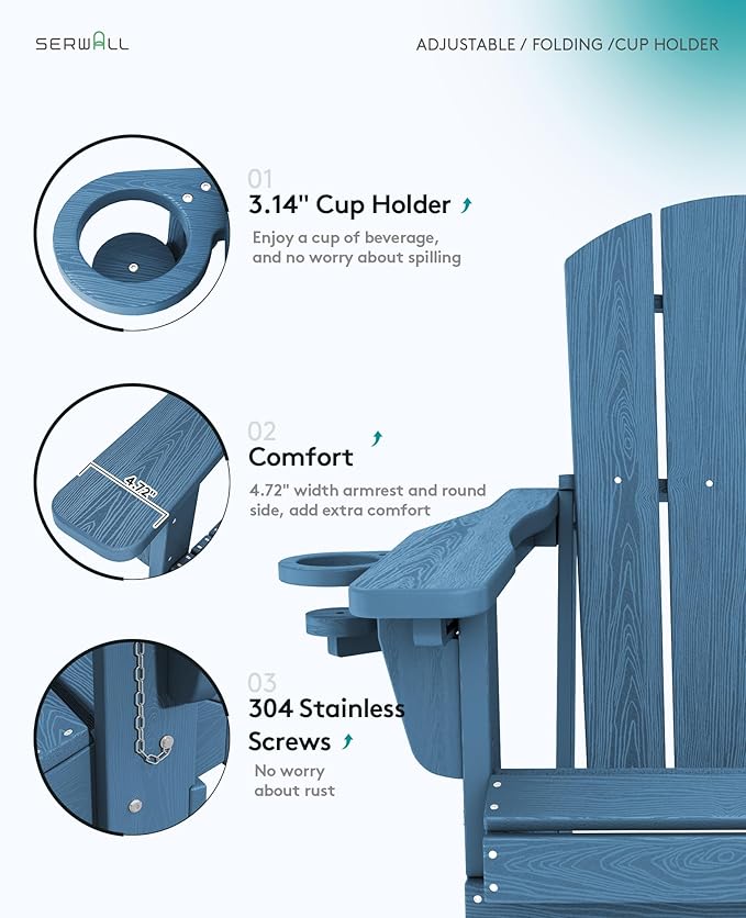 SERWALL Folding Adirondack Chair Set of 2, Adjustable Adirondack Chair with 3 Recline Positions, All Weather HDPE Outdoor Adirondack with Cup Holders, Blue