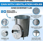 Plexon Metal Compost Bin Outdoor Burn Bin - Galvanized Trash Can with Lid Chimney and Vent Holes - Trash Burning Container Composter Incinerator for Garbage, 20 Gallon (Chimney Lid and Vent Holes)