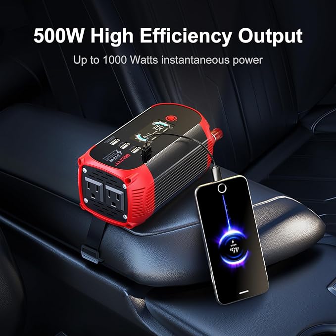 BELTTT 300W Inverter 12V to 110V, 600W Peak Car Power Inverter Dc to Ac Converter for Vehicles, Car Adapter for Plug with 2 AC Outlets, 4 USB Ports and Smart LCD Display, Car Charger for Laptop