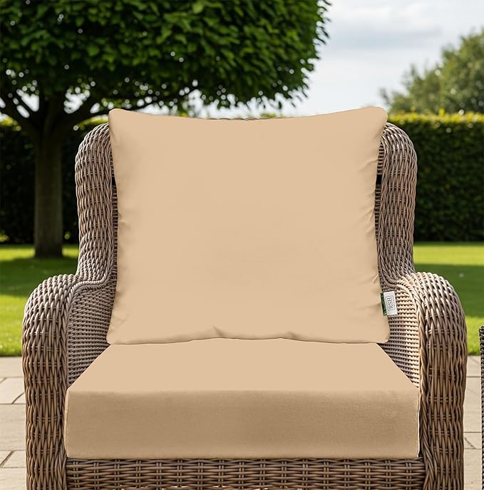 RSH DECOR: Deep Seating Cushion with Pillow Back | 23” x 26” Seat | All-Weather Spun Fabric | Water and Fade-Resistant | Outdoor Chair Cushion Set for Patio Furniture | Tan