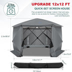 COBlZl Pop Up Gazebo 12x12 Screen House Tent for Camping, Outdoor Instant Stargazing Gazebo Canopy with Awning 2.0, Portable Hub Tent with Removable Sidewalls,Pavilion for Backyard,Gray