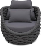 Front Porch Accent Chair: Aluminum Woven Rope Armchair Assembled - Cushioned Patio Single Chair w/Arms Modern - All Weather Balcony Furniture for 400lbs Outdoor Yard Deck Pool Hotel, Dark Gray