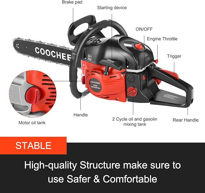 COOCHEER 20 Inch Gas Chainsaw, 62cc Gas Powered Chainsaws 3.5HP 2-Cycle Petrol Handheld Gasoline Chain Saw for Tree Wood Cutting, 2 Chains Included